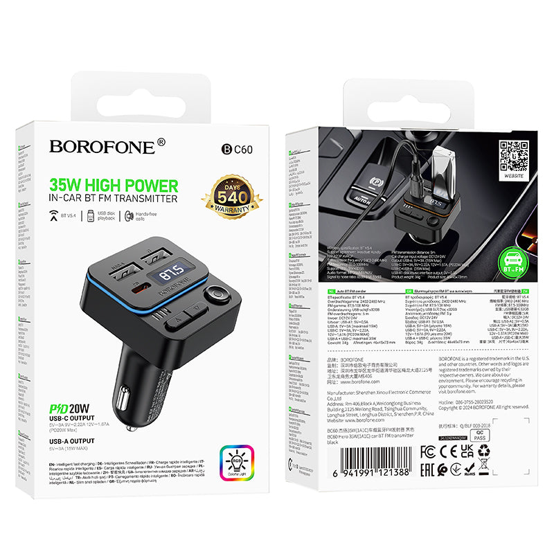 Modulateur FM Bluetooth Borofone BC60 Hero, 2 x USB-A - 1 x USB-C