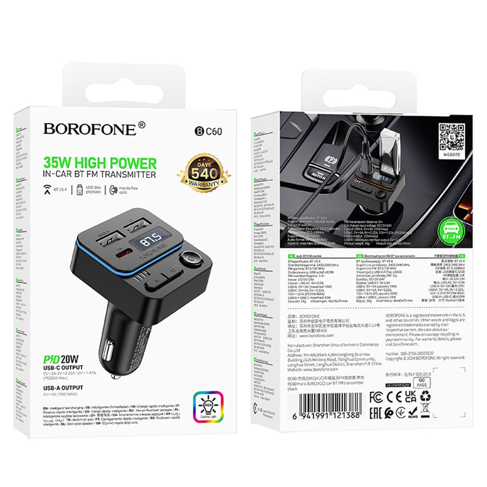 Modulateur FM Bluetooth Borofone BC60 Hero, 2 x USB-A - 1 x USB-C