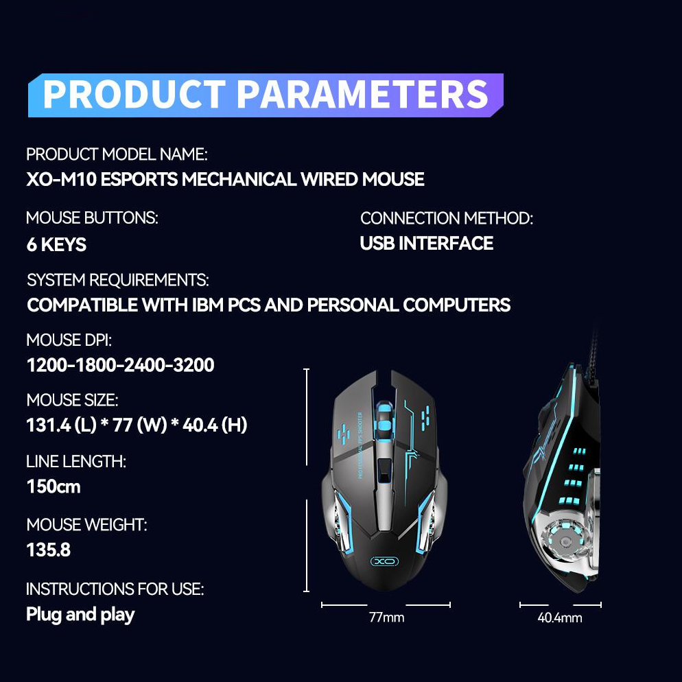 Souris Gaming Filaire USB XO Design M10, RGB, 3200DPI, Noir