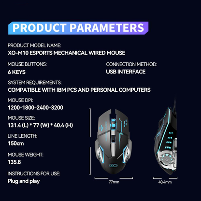 Souris Gaming Filaire USB XO Design M10, RGB, 3200DPI, Noir