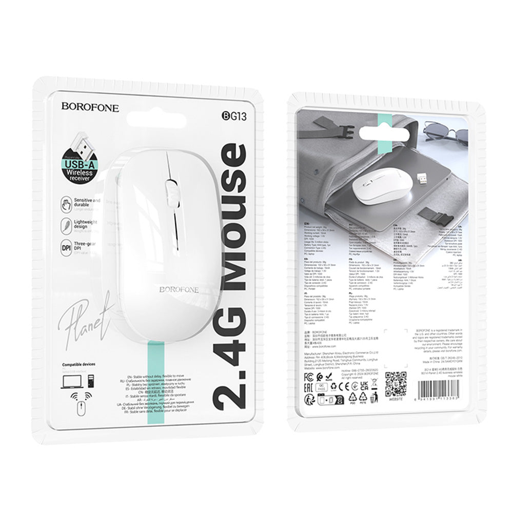 Souris sans fil Borofone BG14 Planet, 1000DPI, BT / Wi-Fi, Blanc