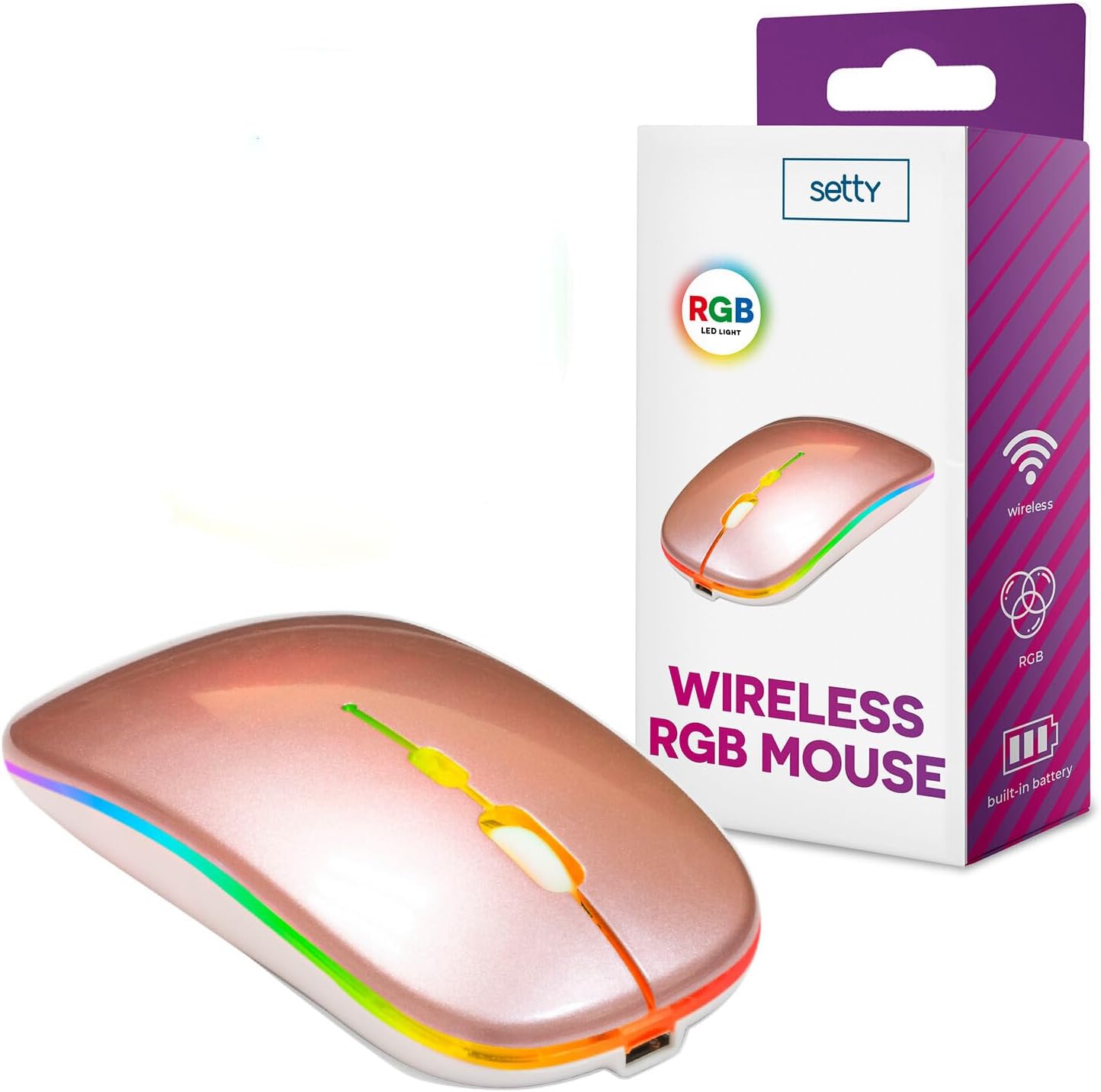 Souris sans fil Setty, 1600DPI, RGB, rose doré