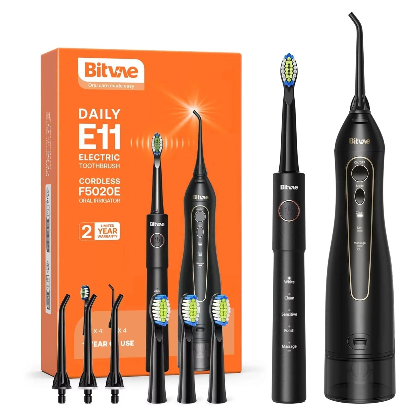 Brosse à dents électrique et hydropulseur Bitvae E11 + F5020E, Noir