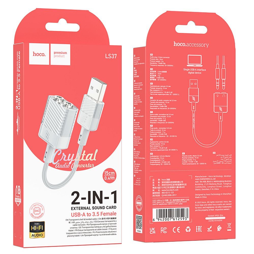 Carte son USB HOCO LS37, 2 x jack 3,5 mm, Gris 