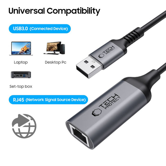 Carte réseau Tech-Protect Ultraboost, RJ45, USB 3.0, Noir