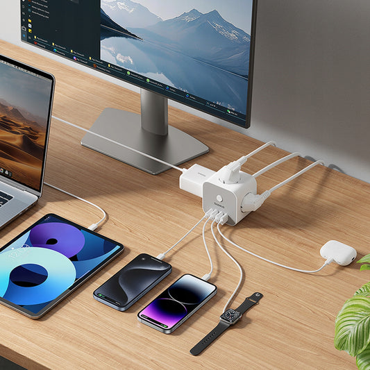 Rallonge Baseus PowerCombo 7en1, 20W, 3A, 3 x USB-A - 1 x USB-C - 3 x Schuko, Blanc E00066401213-00