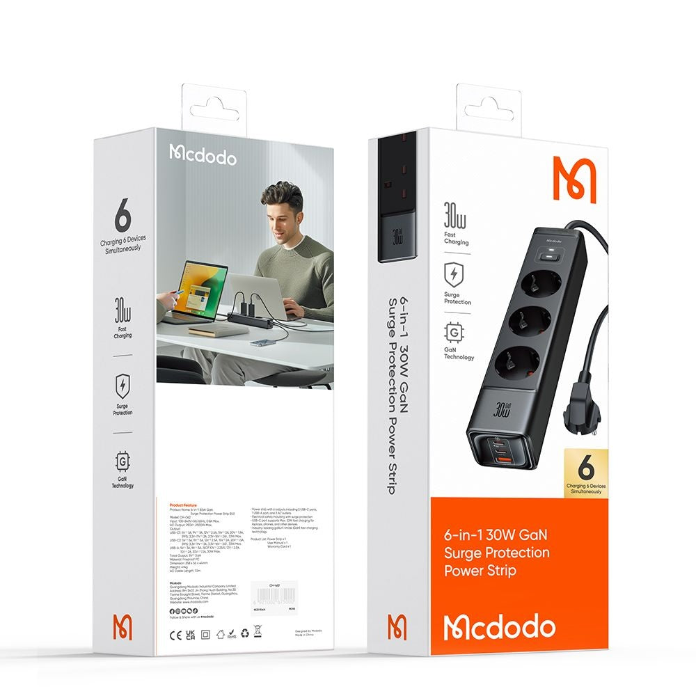 Multiprise McDodo CH-0620, 3 x Schuko - 1 x USB-A - 2 x USB-C, Noir