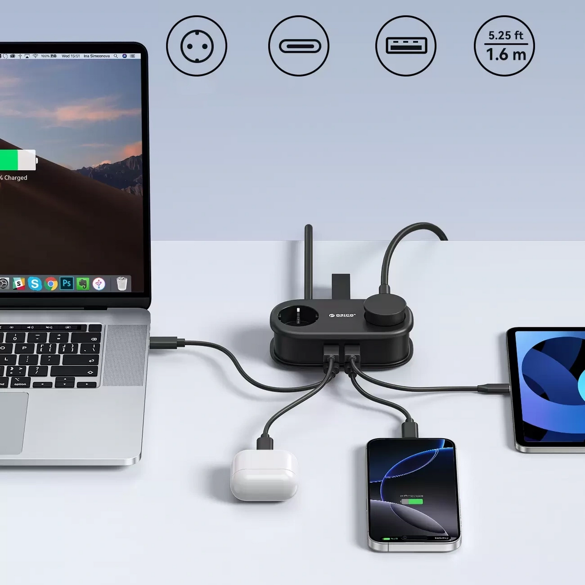Multiprise Orico AP3, 2 x Schuko - 2 x USB-A - 2 x USB-C, Noir