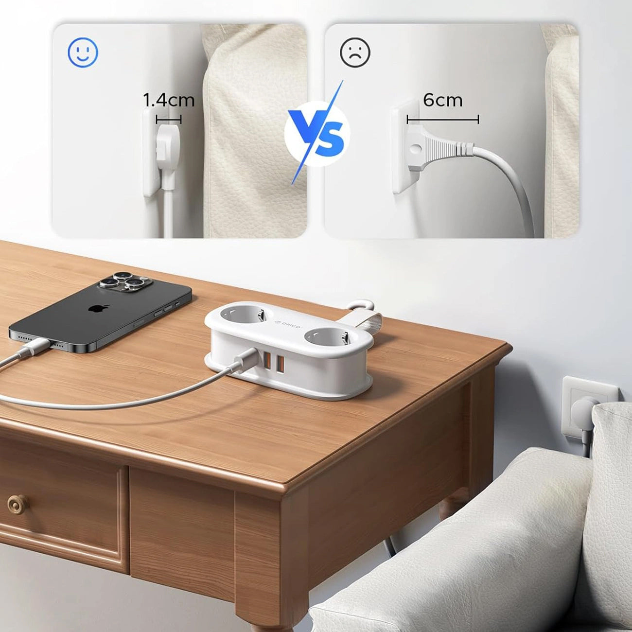 Multiprise Orico APP, 2 x Schuko - 2 x USB-A - 1 x USB-C, Blanc