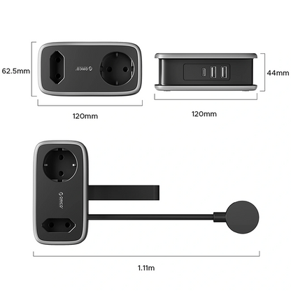 Orico APP Extension Cord, 1 x Schuko - 1 x Socket - 2 x USB-A - 1 x USB-C, Black Gray