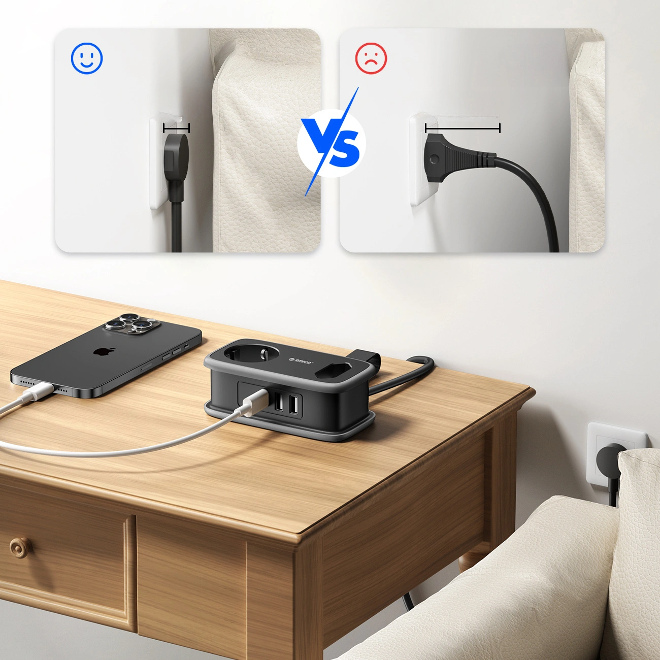 Orico APP Extension Cord, 1 x Schuko - 1 x Socket - 2 x USB-A - 1 x USB-C, Black Gray