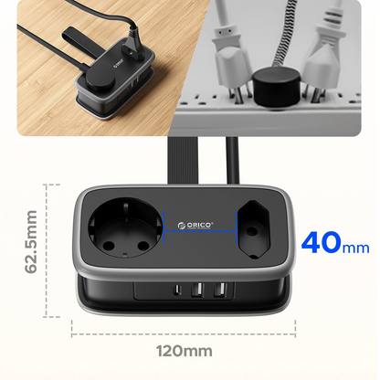 Orico APP Extension Cord, 1 x Schuko - 1 x Socket - 2 x USB-A - 1 x USB-C, Black Gray