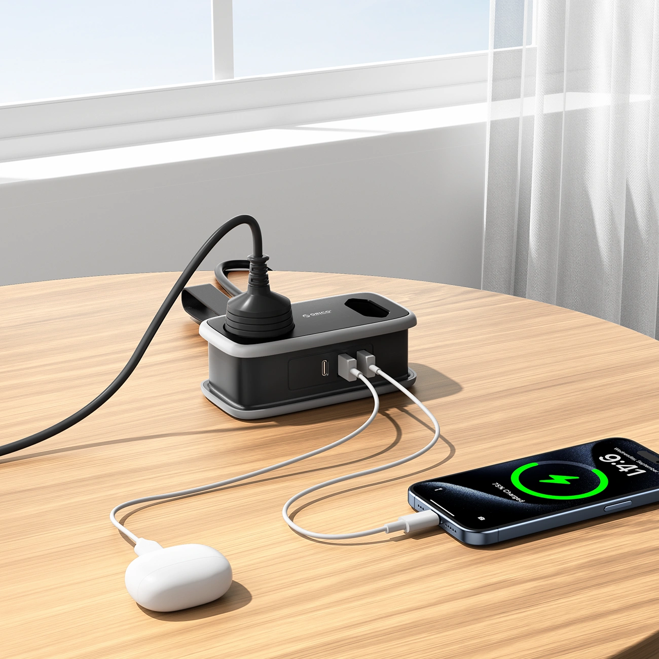 Orico APP Extension Cord, 1 x Schuko - 1 x Socket - 2 x USB-A - 1 x USB-C, Black Gray
