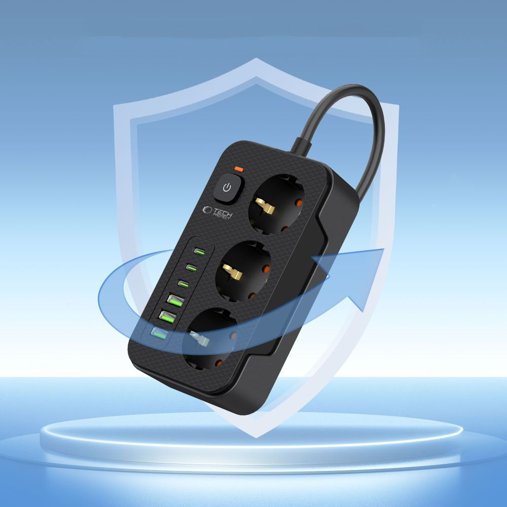 Rallonge Tech-Protect PC3X6, 3 x Schuko, Noir