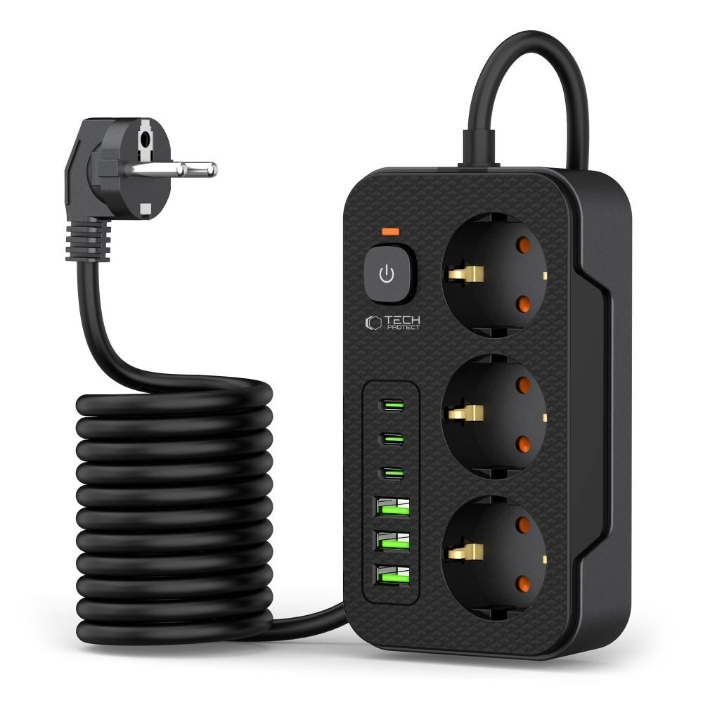 Rallonge Tech-Protect PC3X6, 3 x Schuko, Noir