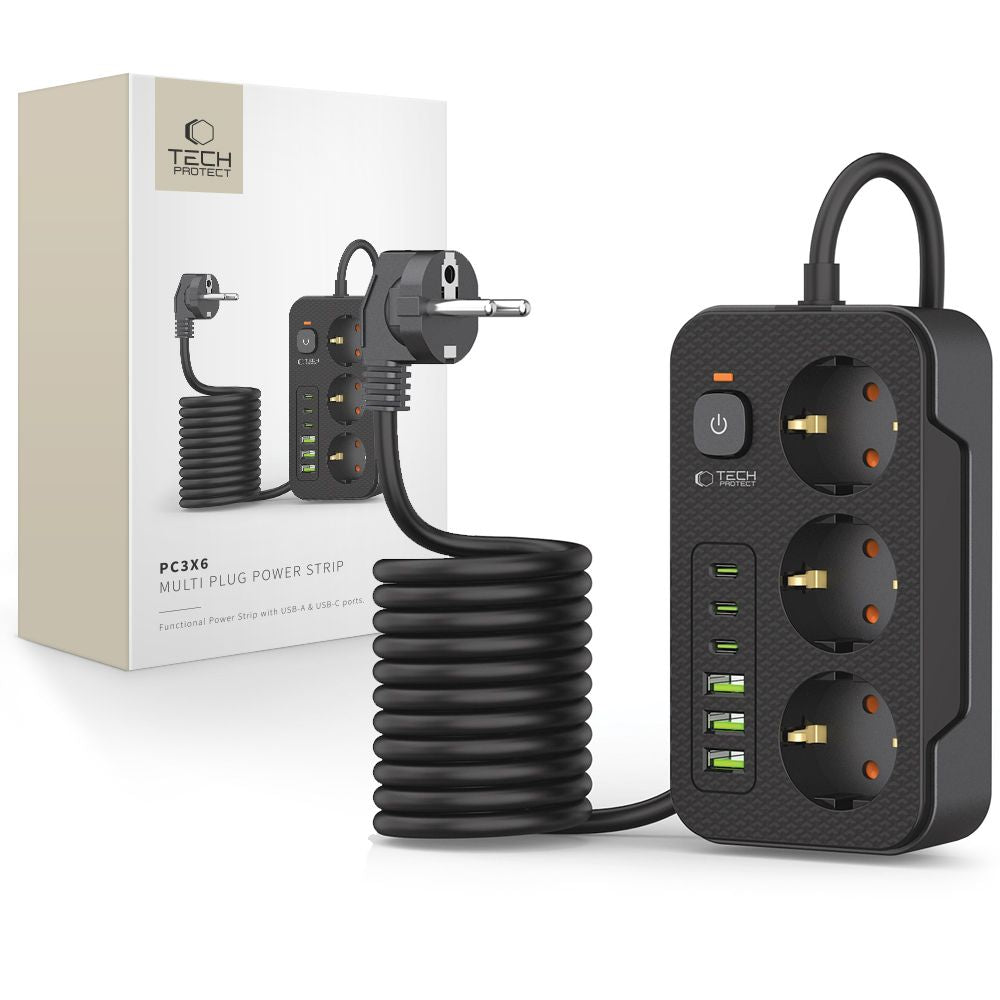 Rallonge Tech-Protect PC3X6, 3 x Schuko, Noir