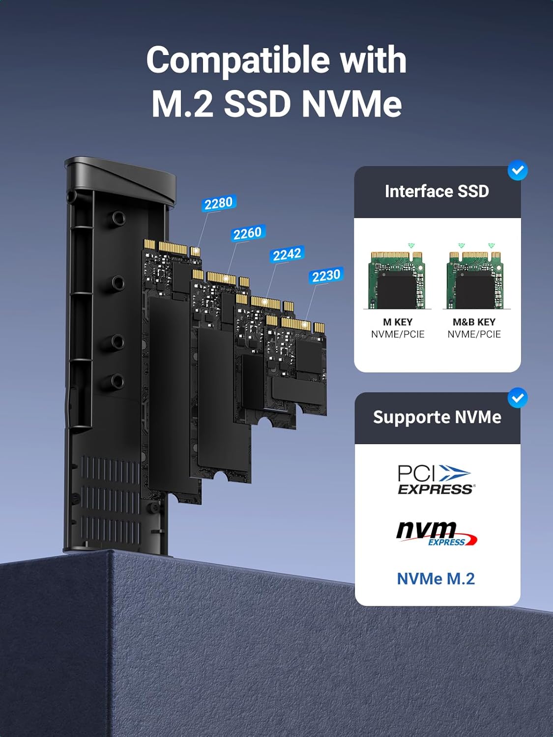 Rack UGREEN CM767 pour SSD SATA M.2 NVMe, Gris