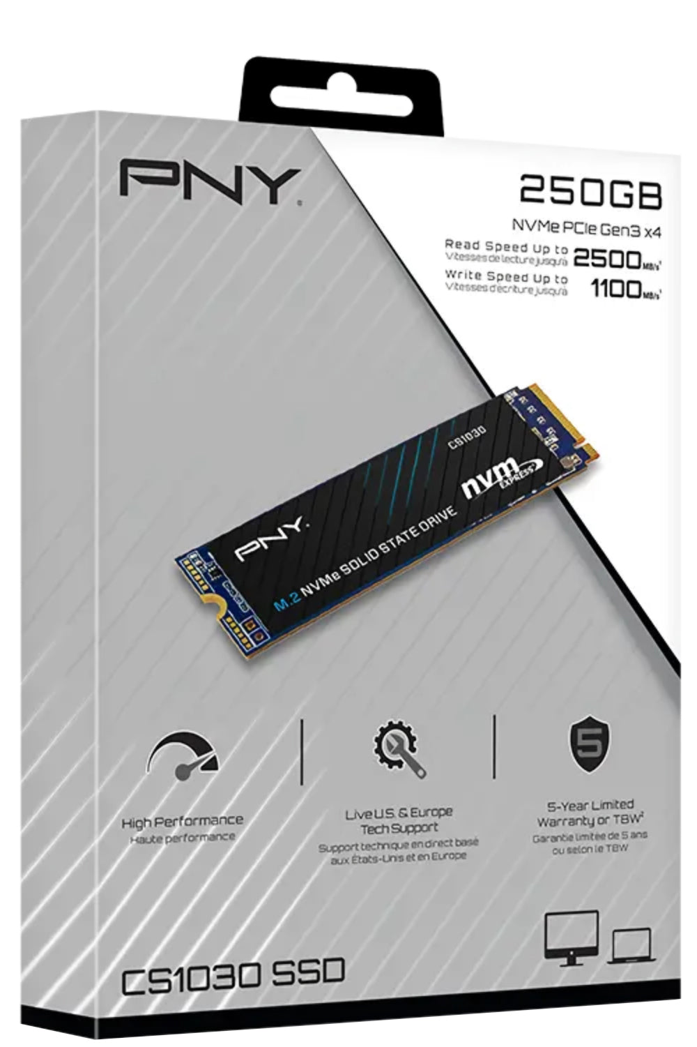 Disque SSD (Solid State Drive) PNY CS1030, 250 Go, NVMe M.2 2280, PCIe M280CS1030-250-RB