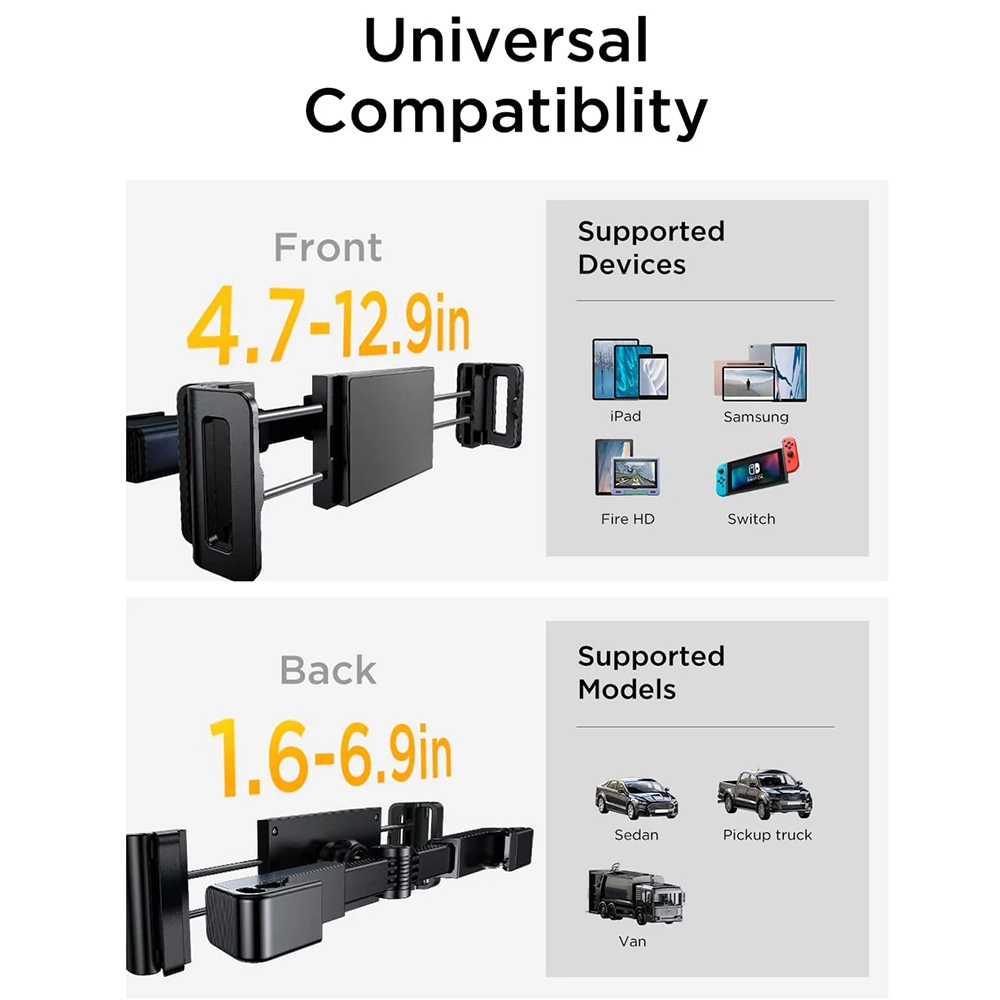 Support Auto Appui-tête Lisen pour Téléphone / Tablette, 4,7 pouces - 12,9 pouces, Noir, Reconditionné YL0221030002