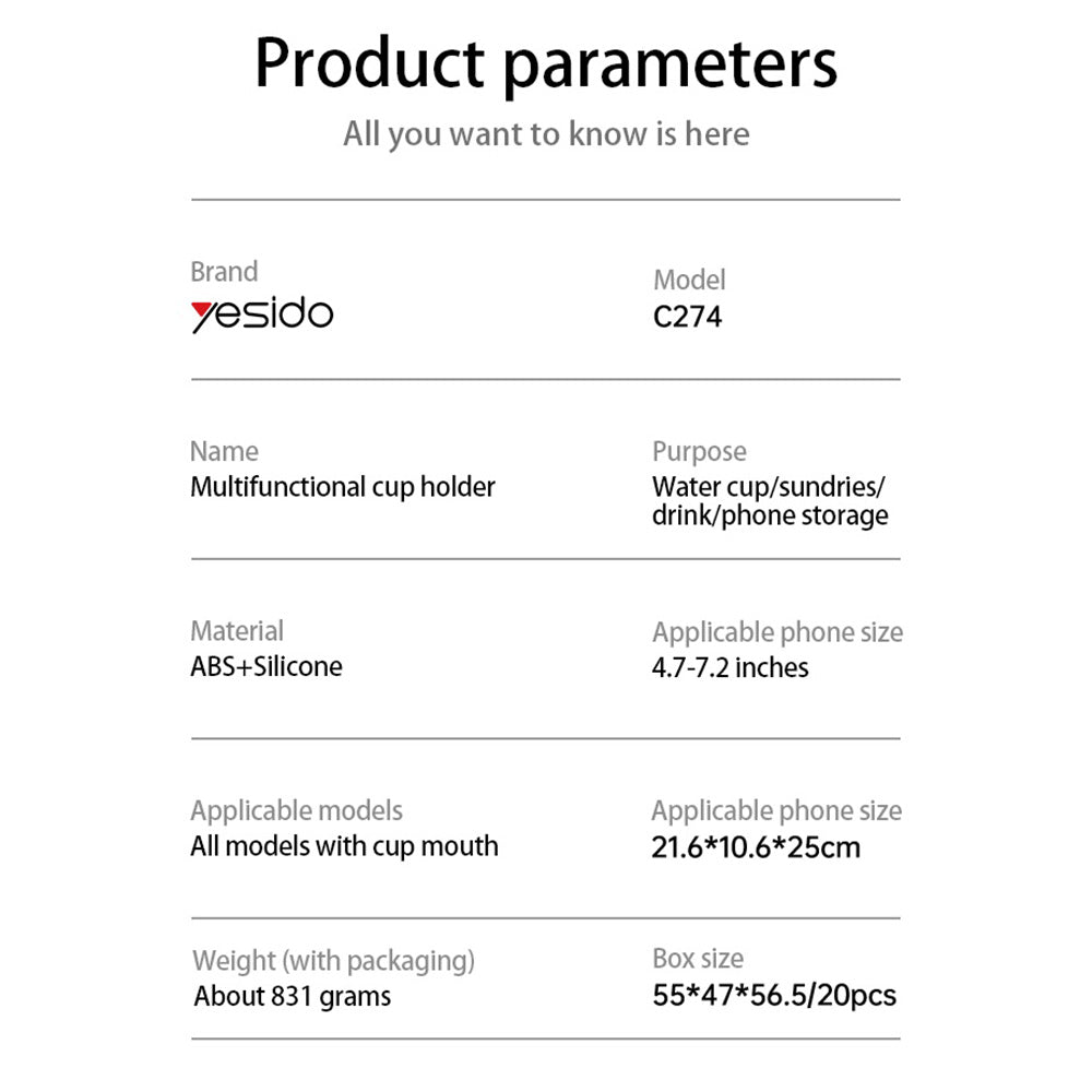 Support Auto Yesido C274, 4.7 pouces - 7.2 pouces, Noir