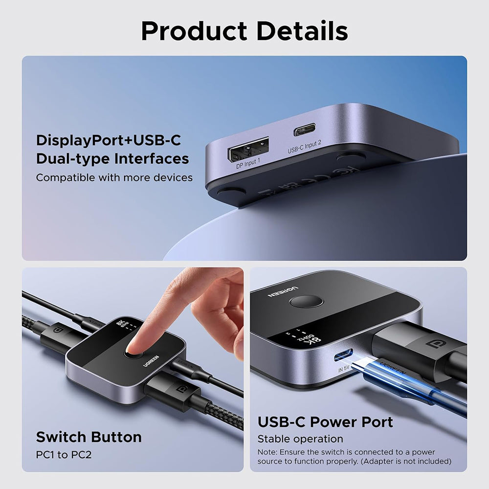 Switch Vidéo DisplayPort / USB-C UGREEN 65878, Noir
